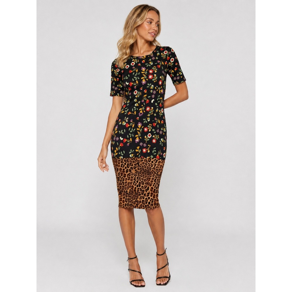 LuLaRoe Julia Dress Black Floral Leopard Print Short Sleeve Sheath XXS NWT
